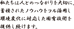 私たちは人とのつながりを大切に、蓄積されたノウハウをフル活用し環境変化に対応した固有技術を提供し続けます。